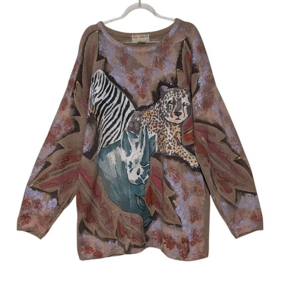 Vintage Kolorway 1 Painted Animals Sweater Womens Size XXL Zebra Cheetah Rhino - Picture 1 of 9